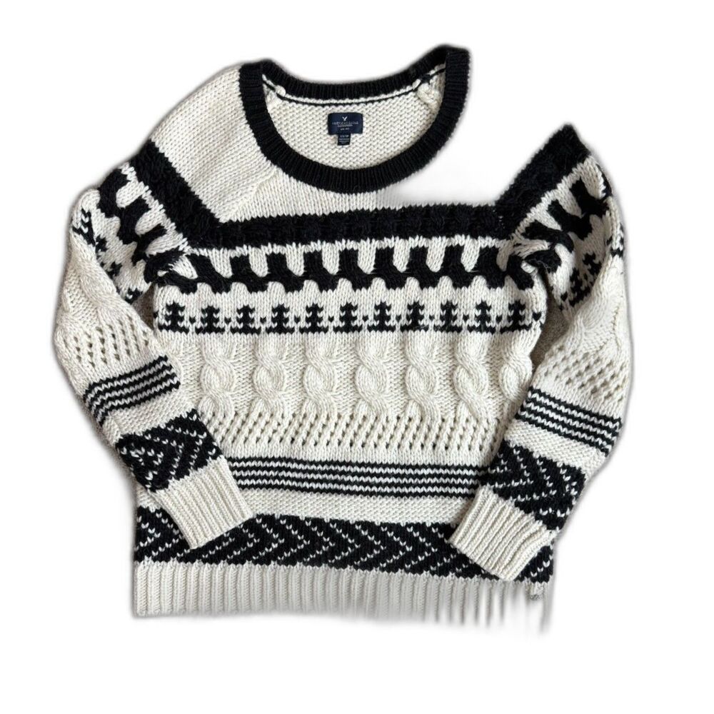 American Eagle XS Oversized Chunky Sweater Black Cream Wool Blend Cozycore